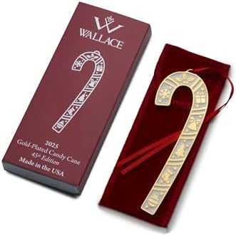 Wallace 2025 Gold-Plated Enamel Candy Cane Ornament - 45th Anniversary Edition - 24k Gold with Blue Enamel and Snowflake Design - 4.5 Inches - Holiday Collectible