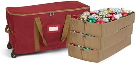 Covermates Keepsakes Rolling Adjustable Ornament Storage Bag – Heavy-Duty Polyester, FlexGrid Trays & Padded Dividers – Protective Holiday Organizer with Wheels, Handles & ID Window, Red