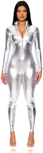 Forplay Women's Hot Metallic Zip Front Mock Neck Catsuit Bodysuit - Halloween Adult Costume US
