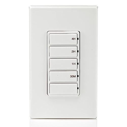 Leviton Countdown Switch for lights, attic, heaters, pool pumps, 30 min, 1-2-4 hour, Neutral Wire Required, 20A, 1 HP/16A Fan/Motor, Single Pole, Multi-Way or Multi-Timer, DT204-1LW, White