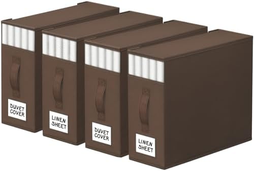 StorageTastic 4 Pack Bed Sheet Closet Organizers and Storage,Sturdy Foldable Storage Containers with Window and Label,Storage and Organization for Bedding Sheets,Duvet Covers,Blankets (Brown)