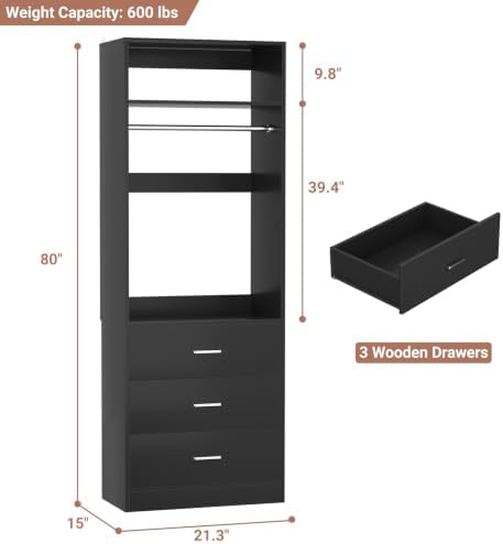 Besiost Freestanding Closet System with 3 Drawers, Wood Closet Organizer