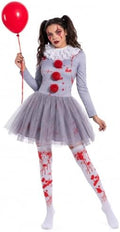 Women Halloween Scary Clown Costume with Bloody Tutu Dress and Face Gems