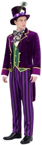The Hatter Costume Men Mad Tea Party Master Outfits Adult Story Book Character Tuxedo Pants Dicky Collar Top Hat Set