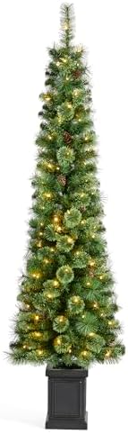Glitzhome 6ft Prelit Artificial Christmas Tree, Green Cashmere Pine Christmas Porch Tree with pinecones,272 Pine&PVC Branch Tips,130 Warm White/Multi-Color Lights,9 Function w/Remote Control