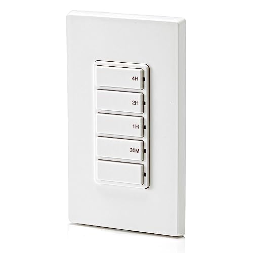 Leviton Countdown Switch for lights, attic, heaters, pool pumps, 30 min, 1-2-4 hour, Neutral Wire Required, 20A, 1 HP/16A Fan/Motor, Single Pole, Multi-Way or Multi-Timer, DT204-1LW, White