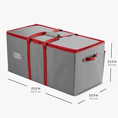 ZOBER Large Christmas Ornament Storage Box - Stores 128 3" Ornaments, With Dividers - Ornament Organizer Storage Box, Durable Christmas Containers Holder - Extra Pockets, Dual Zipper - Gray