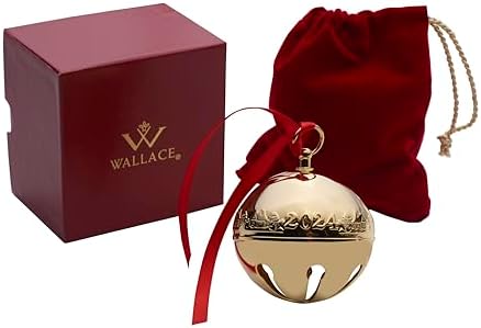 Wallace 2024 Gold-Plated Sleigh Bell Ornament 35th Anniversary Edition - Snowmen and Log Cabins Collectible - Handcrafted Holiday Bell with Gift Box and Velvet Pouch