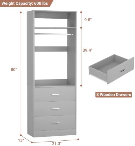 Besiost Freestanding Closet System with 3 Drawers, Wood Closet Organizer