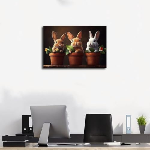 JDBeehpy Three Rabbits in Flowerpot Canvas Painting Prints Framed 16x24in
