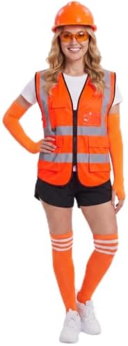 Neon Construction Worker Costume, Reflective Vest Costume Hat Glasses