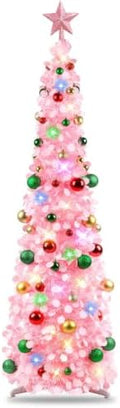 N&T NIETING Pop Up Christmas Tree with Lights & 30 Balls, 5Ft Collapsible Pink Tinsel Tree Decorations for Holiday Home Office Decor, Pink