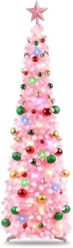 N&T NIETING Pop Up Christmas Tree with Lights & 30 Balls, 5Ft Collapsible Pink Tinsel Tree Decorations for Holiday Home Office Decor, Pink