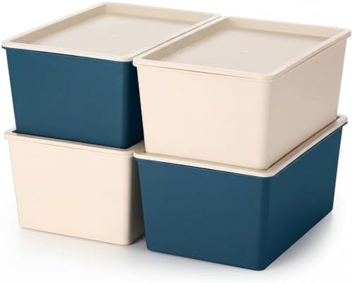 Menkxi 4 Pcs Storage Bins with Lids, Beige, Blue, Small