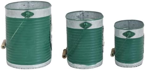 Set of 3 Galvanized Metal Christmas Tree Buckets with Handles, Green Woodland Deer Wreath Decorative Planter Tubs, Farmhouse Holiday Storage Container for Mini Xmas Trees, Ornaments
