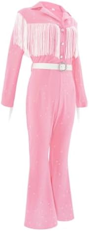Women's Queen of Country Singer Costume Halloween Pink Fringe Bodysuit