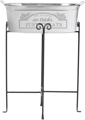 Let's Make Memories Personalized Beverage Tub - Halloween Party - Halloween Decorations - Galvanized Metal Drink Tub - Trick or Treat Candy Bowl w/Stand - 5.5 Gallons - No Tricks Just Treats
