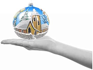 Hand Blown Glass Christmas Ornaments Ball, Chapel Blue 6 in + Stand