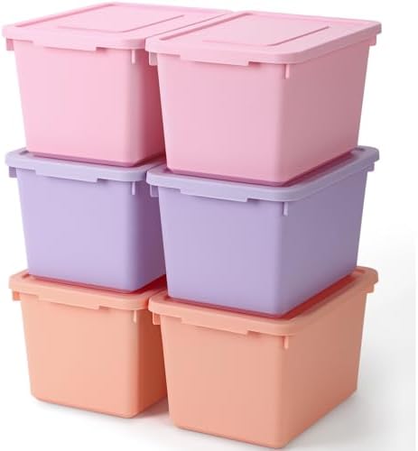 Potchen 6 Pack Small Stackable Storage Bins with Lids, Pink, Purple, Orange