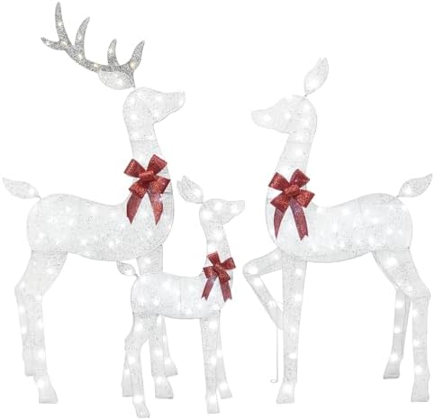HOYECHI 5 FT Oversized Christmas Decorations Outdoor Lighted Reindeer – 3-Piece 2D Deer Family Set with 160 Warm White LED Lights for Yard, Lawn, Garden & Porch Holiday Display - White