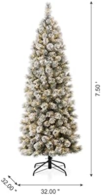 Glitzhome 7.5ft Prelit Christmas Tree, Artificial Christmas Tree with 350 Warm White Lights, Flocked Pencil Christmas Tree and Foldable Metal Stand for Home, Office, Party Decoration, Easy Assembly