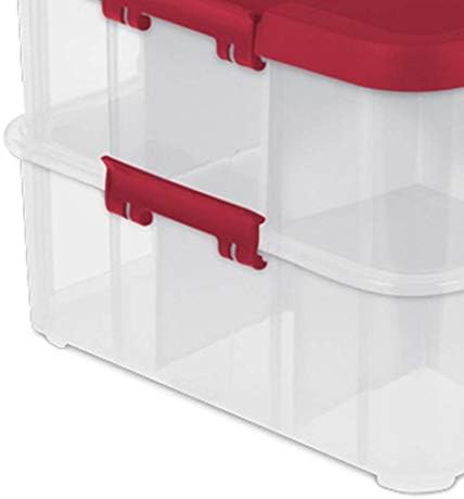 Sterilite 1427 Stack & Carry 2 Layer 24 Ornament Storage Box, Red Lid and Handle, See-through layers