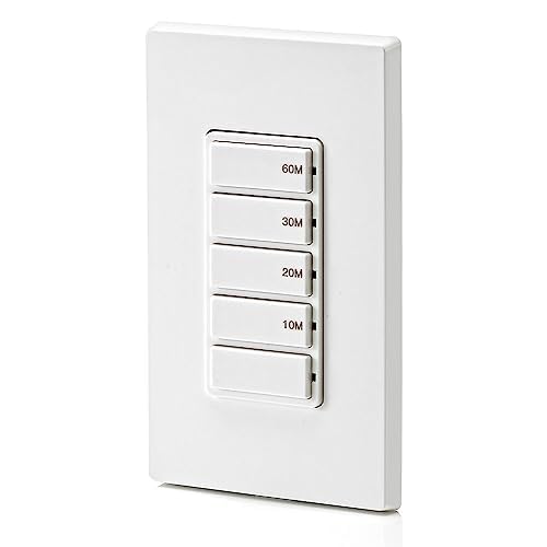 Leviton Countdown Switch for bathroom household lights, 10-20-30-60 min, Neutral Wire Required, 20A, 1HP/16A Fan/Motor, Single Pole, Multi-Way or Multi-Timer, DT260-1LW, White
