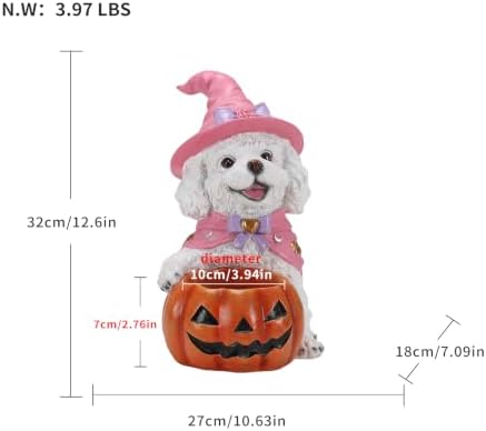 Halloween White Poodle Statue with Pumpkin Candy Bowl Tabletop Decor