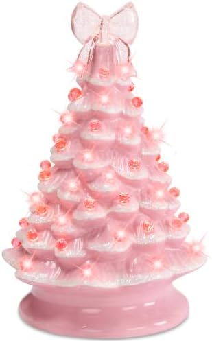 Best Choice Products 15in Ceramic Christmas Tree, Pre-lit Hand-Painted Tabletop Pinkmas Holiday Tree, Star Topper, 64 Lights - Pink w/Pink Bulbs