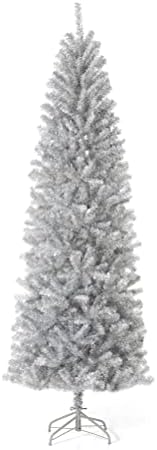 Glitzhome 7.5ft Silve Pencil Tinsel Artificial Christmas Tree, Holiday Hinged Fir Christmas Tree with 1188 Branch Tips and Metal Foldable Stand for Home Office Party Holiday Decoration