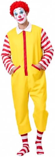 Halloween Clown Costume Set - Yellow Jumpsuit, Red Wig, Yellow Gloves, Clown Nose, Striped Socks for Adults