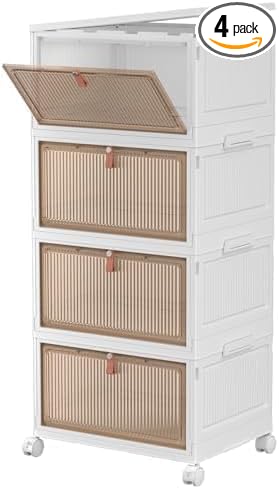 CTSNSLH 4 Tier Plastic Storage Bins with Lid - 28Qt Stackable with Lids for Bedroom, Living Room, Office - Foldable Containers, Household Organization
