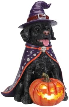 Black Lab Dog Statue Halloween Decorations Outdoor with LED Pumpkin