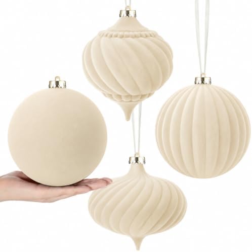 Civaner 4 Pcs Large Velvet Christmas Ball,6 Inch,Beige