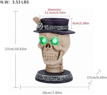 Halloween Skull Candle Holder with Glowing Eyes - Gothic Skeleton Statue