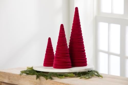 Set of 3 Cranberry Velvet Cones Modern Christmas Tree (Cranberry)