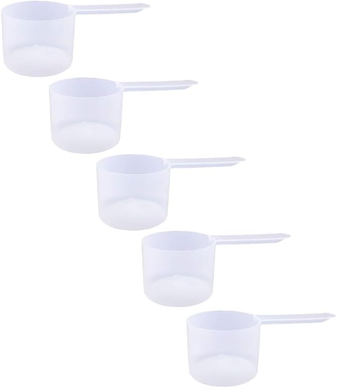 94cc Long Handle Measuring Scoop (6 Tablespoon / 3.17 oz / 94mL) - Heavy-Duty Plastic Spoon for Powders, Protein, Coffee, and Baking, 5-Pack