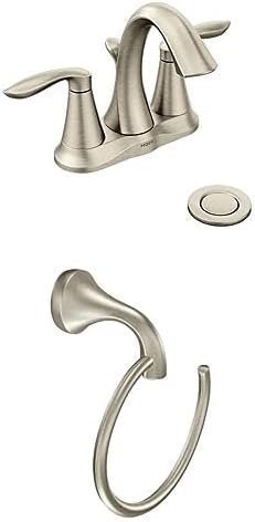 Moen Eva Brushed Nickel Two-Handle 4-Inch Centerset Bathroom Faucet with Drain Assembly, for 3-Hole Sink, 6410BN + Bathroom Single Post Hand-Towel Ring, YB2886BN