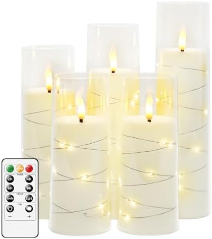 kakoya Flameless LED Candles with Timer 5 Pc Flickering Flameless Candles for Romantic Ambiance and Home Decoration Stable Acrylic Shell,with Embedded Star String，Battery Operated Candles（White）