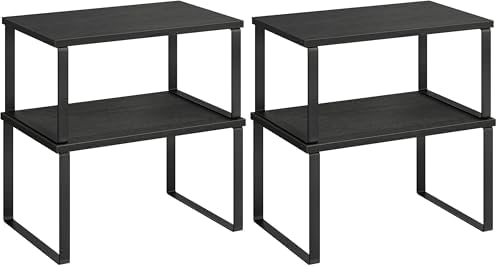 SONGMICS Cabinet Organizer Shelf, Set of 2 Kitchen Counter Shelves, Kitchen Storage, Spice Rack, Stackable, Expandable, Metal and Engineered Wood, Ink Black and Charcoal Black UKCS02B01 (Pack of 2)