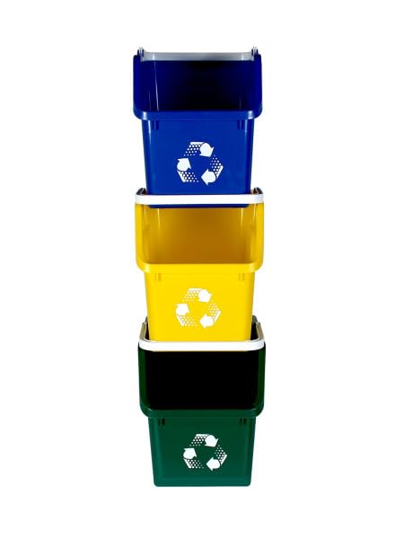 Multi Bin Recycling System with Three Stackable 6 Gallon Recycle Bins for Kitchen Use – Recycling Trash Can Set for Office, Garage, Businesses (3 Pack, Blue/Yellow/Green)