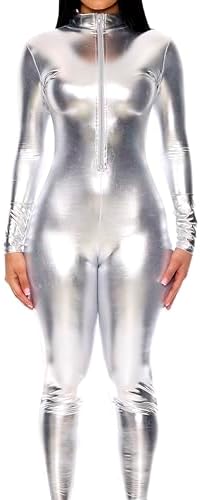 Forplay Women's Hot Metallic Zip Front Mock Neck Catsuit Bodysuit - Halloween Adult Costume US