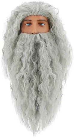 EDAUWAE Wizard Costume with Wigs Beards Pagan Tunic Costume Wizard Cloak Cosplay Grey Robe Hat Full Set Outfits for Adult