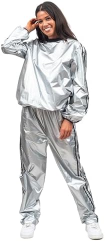 Todd & Margo Shiny Metallic Silver Workout Shirt and Pants Deluxe Sweatsuit Costume Set for Halloween & Cosplay