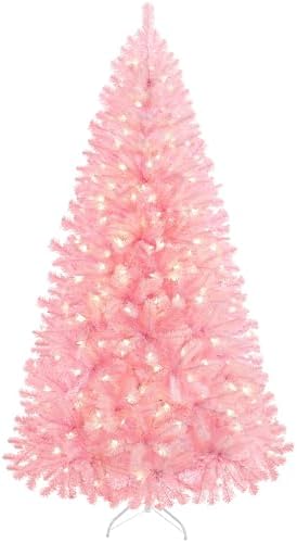 Yaheetech 6ft Pre-lit Christmas Tree with 300 Warm White Lights, Pink