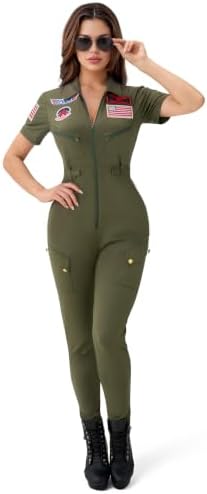 Spooktacular Creations Fighter Pilot Bodysuit Women, Womens Halloween Costumes 2026, Green Pilot Air Force Costume for Cos