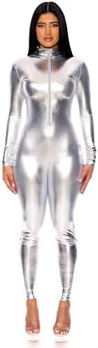 Forplay Women's Hot Metallic Zip Front Mock Neck Catsuit Bodysuit - Halloween Adult Costume US