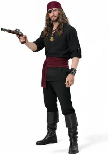 9PCS Men's Pirate Costume Set,Renaissance Medieval Outfit for Halloween Pirate Party with Viking Pants Shirts Accessories