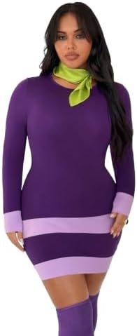 Halloween 3Pcs Womens Plus Size Costume Purple Long Sleeve Mini Dress Classic Cosplay Outfits,Stockings,Green Scarf