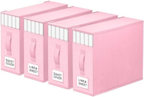 StorageTastic 4 Pack Bed Sheet Closet Organizers and Storage,Sturdy Foldable Storage Containers with Window and Label,Storage and Organization for Bedding Sheets,Duvet Covers,Blankets (Pink)